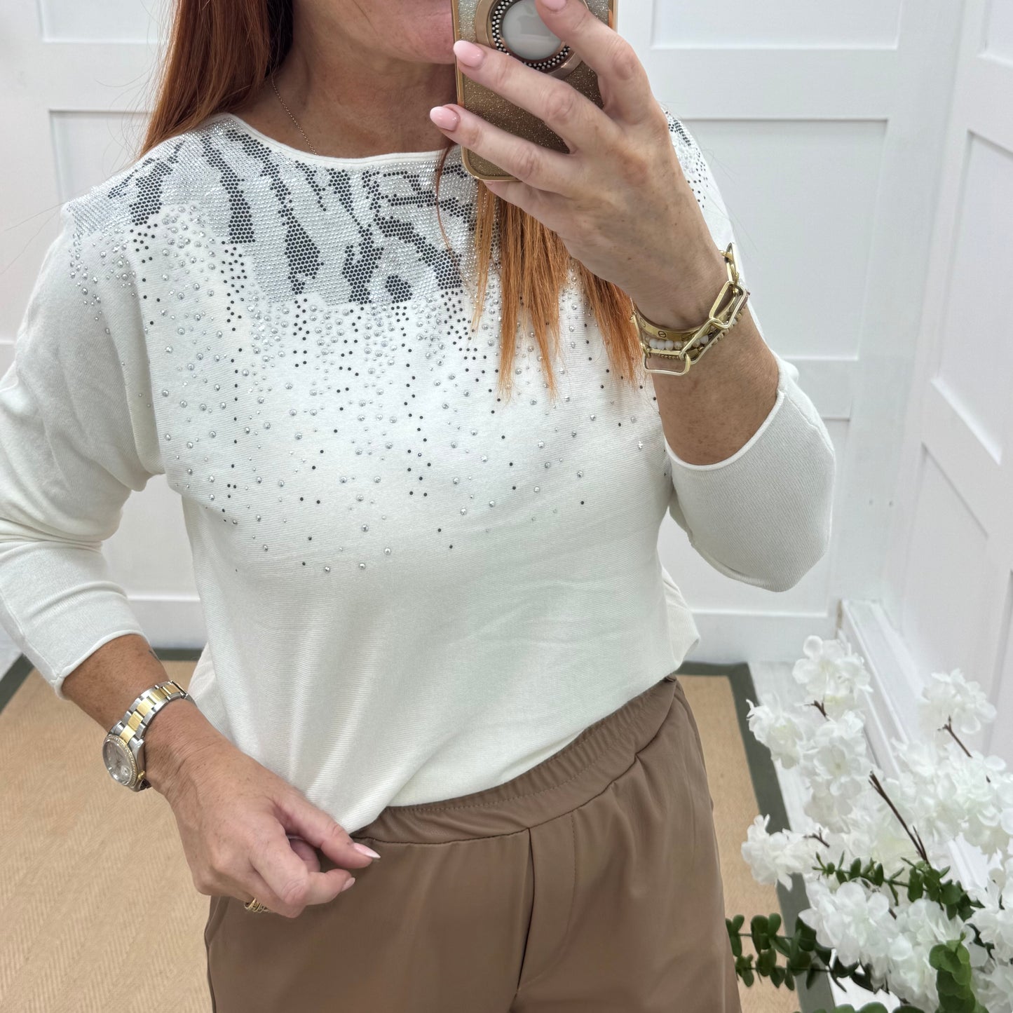 Coco: White & diamanté long sleeve knit top. One size: 10-16/18