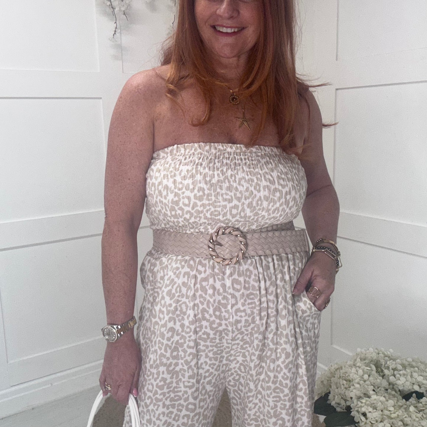 Hollie: Stone leopard print wide leg jumpsuit. One size: 12-18