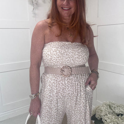 Hollie: Stone leopard print wide leg jumpsuit. One size: 12-18