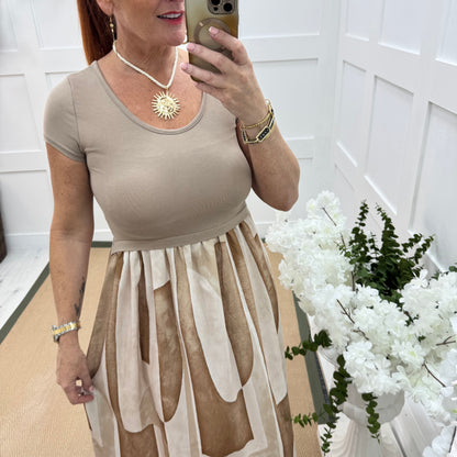 Willow: Beige & multicoloured T shirt dress. One size 10-18
