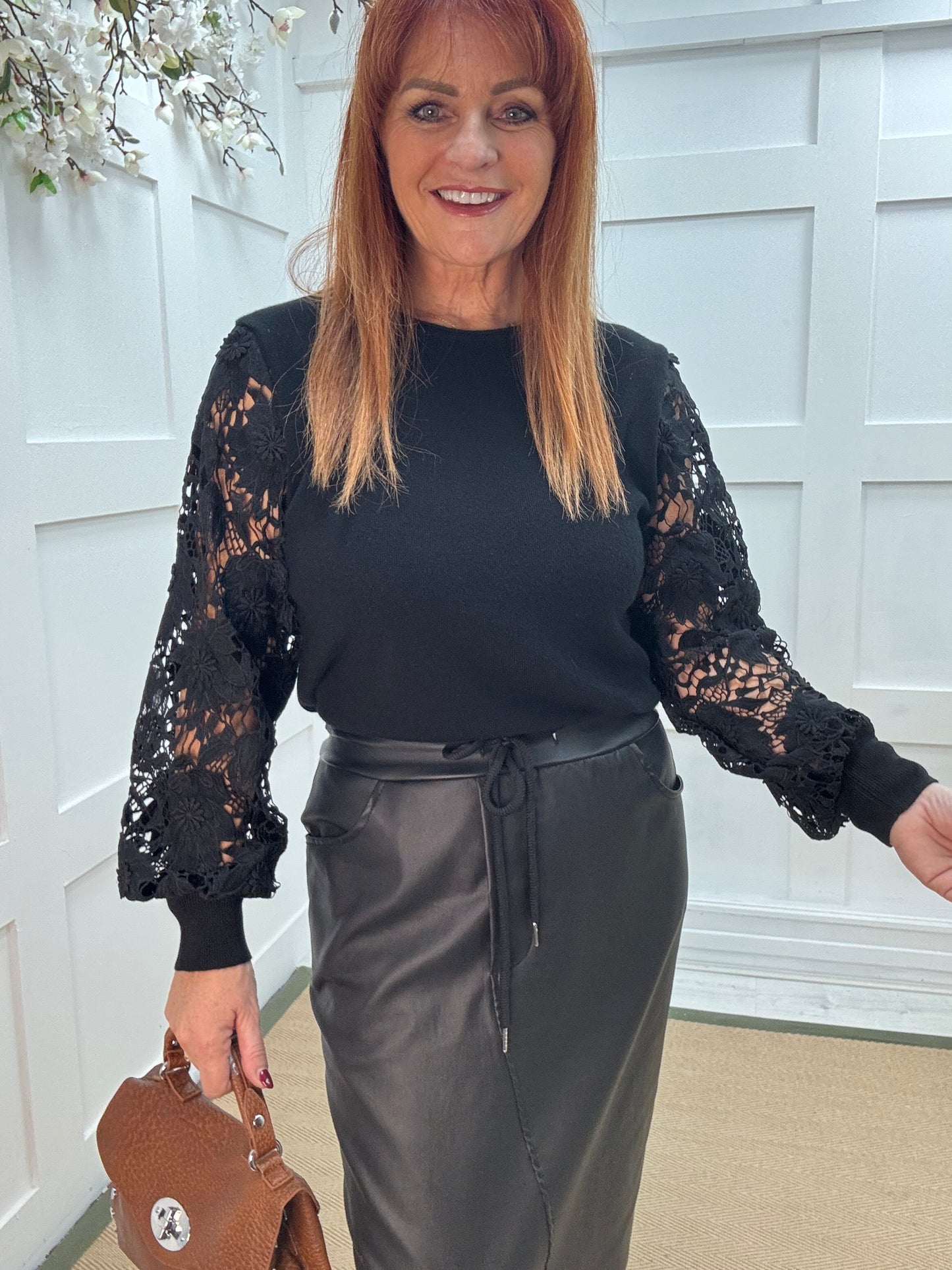 Gemma: Black crochet balloon sleeve top. One size 12-16