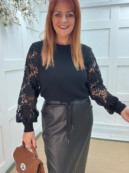 Gemma: Black crochet balloon sleeve top. One size 12-16