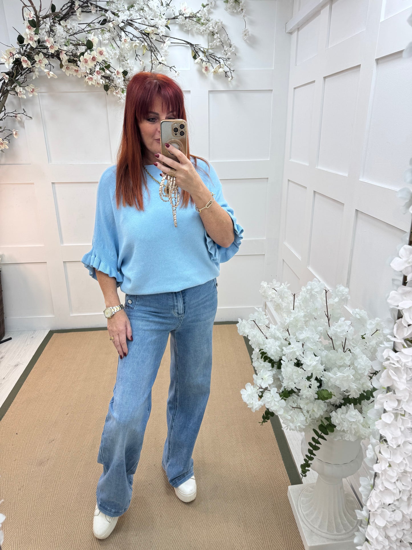 Sierra: Baby blue batwing fluted sleeve knitted top. One Size 12-18/20