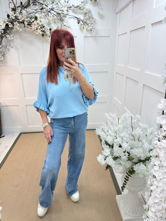 Sierra: Baby blue batwing fluted sleeve knitted top. One Size 12-18/20