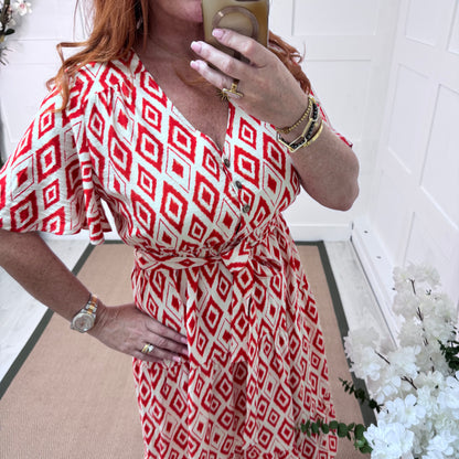 Yamina: Red & white diamond V neck midi dress. 4 sizes