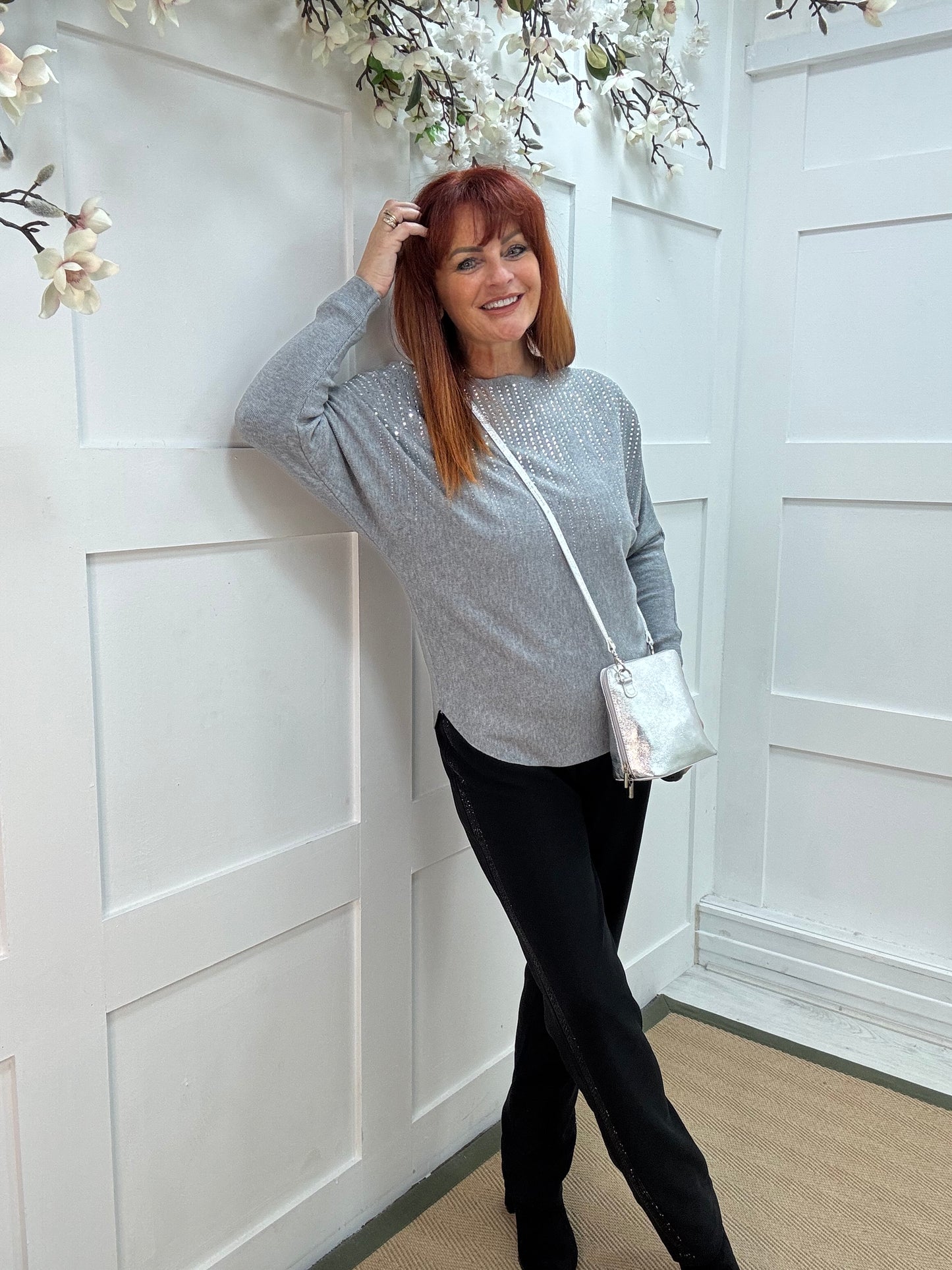 Arabella: Grey diamanté long sleeve top. One size: 12-16