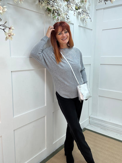 Arabella: Grey diamanté long sleeve top. One size: 12-16