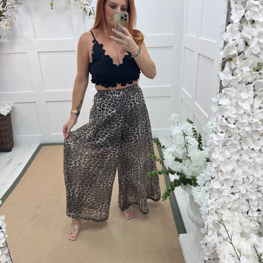 Erin: Leopard print wide leg silky trousers. One size: 8-14