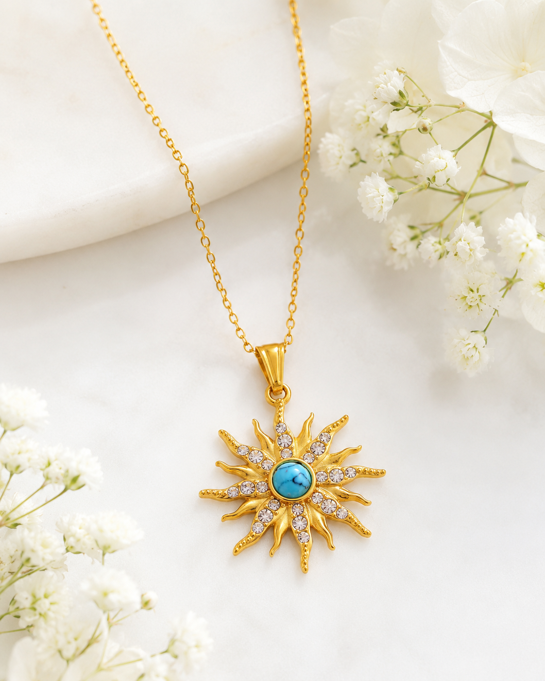 Capri: Gold diamanté turquoise sun necklace