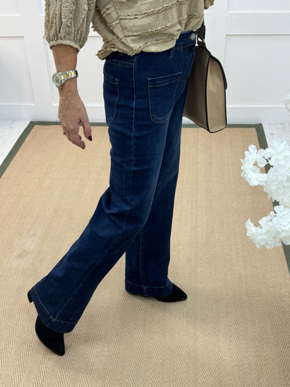 Suzie: Mid blue front pocket wide leg jeans. Sizes: 8-16