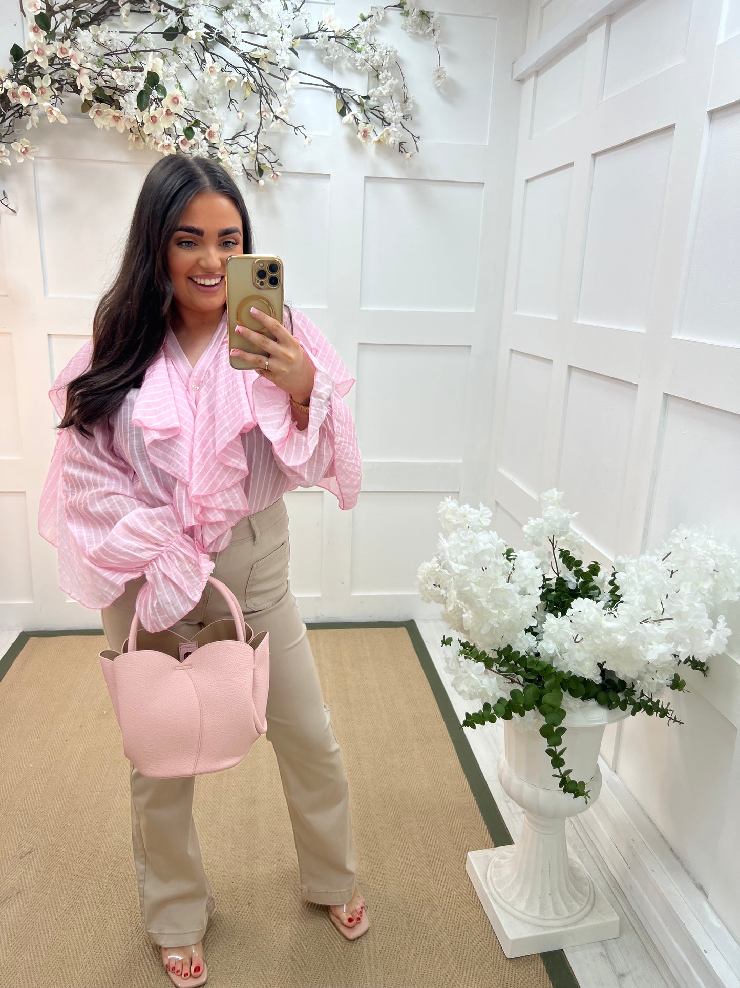 Raye: Pink striped ruffle blouse. One size 10-14