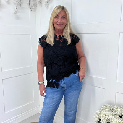 Camille: Black open lace asymmetrical top. One size: 12-16