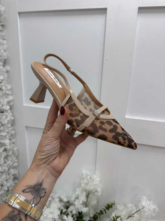 Zola: Leopard print kitten heel sling back shoes. Sizes: 3-8
