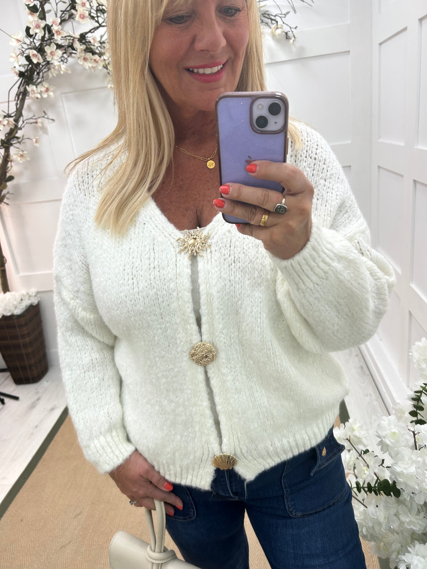 Emily: White V neck gold button cardigan. One size: 14-20