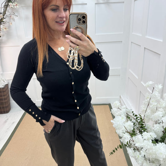 Katy: Black V neck button sleeve top/cardigan. 2 sizes