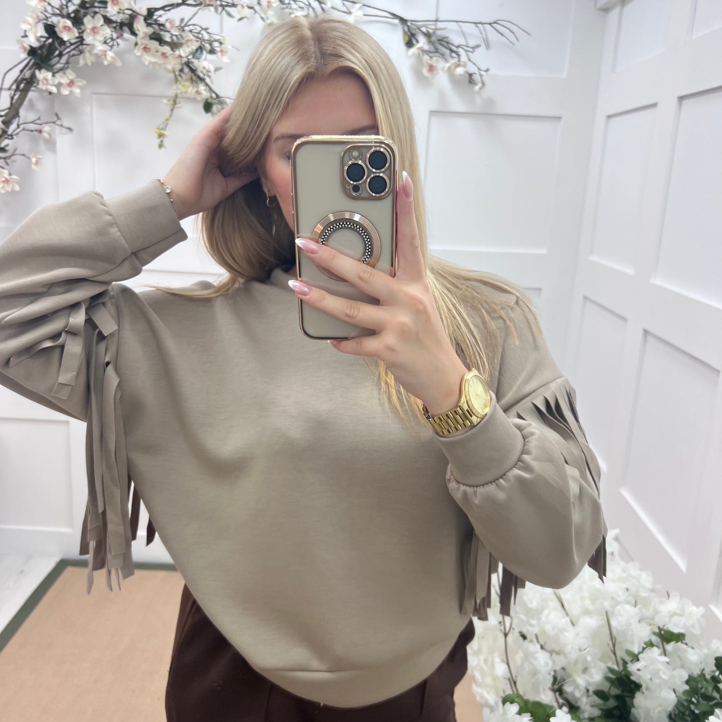 Athens: Mocha short tassel sweatshirt. One size: 10-16