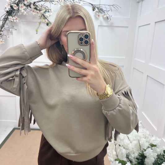 Athens: Mocha short tassel sweatshirt. One size: 10-16