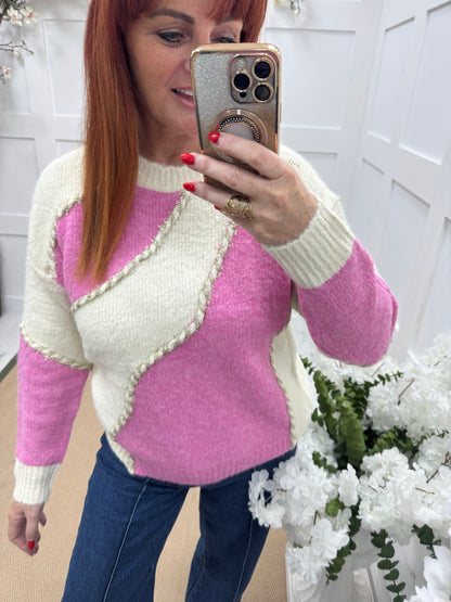 Katia: Pink & cream wool knit top. One size: 10-14
