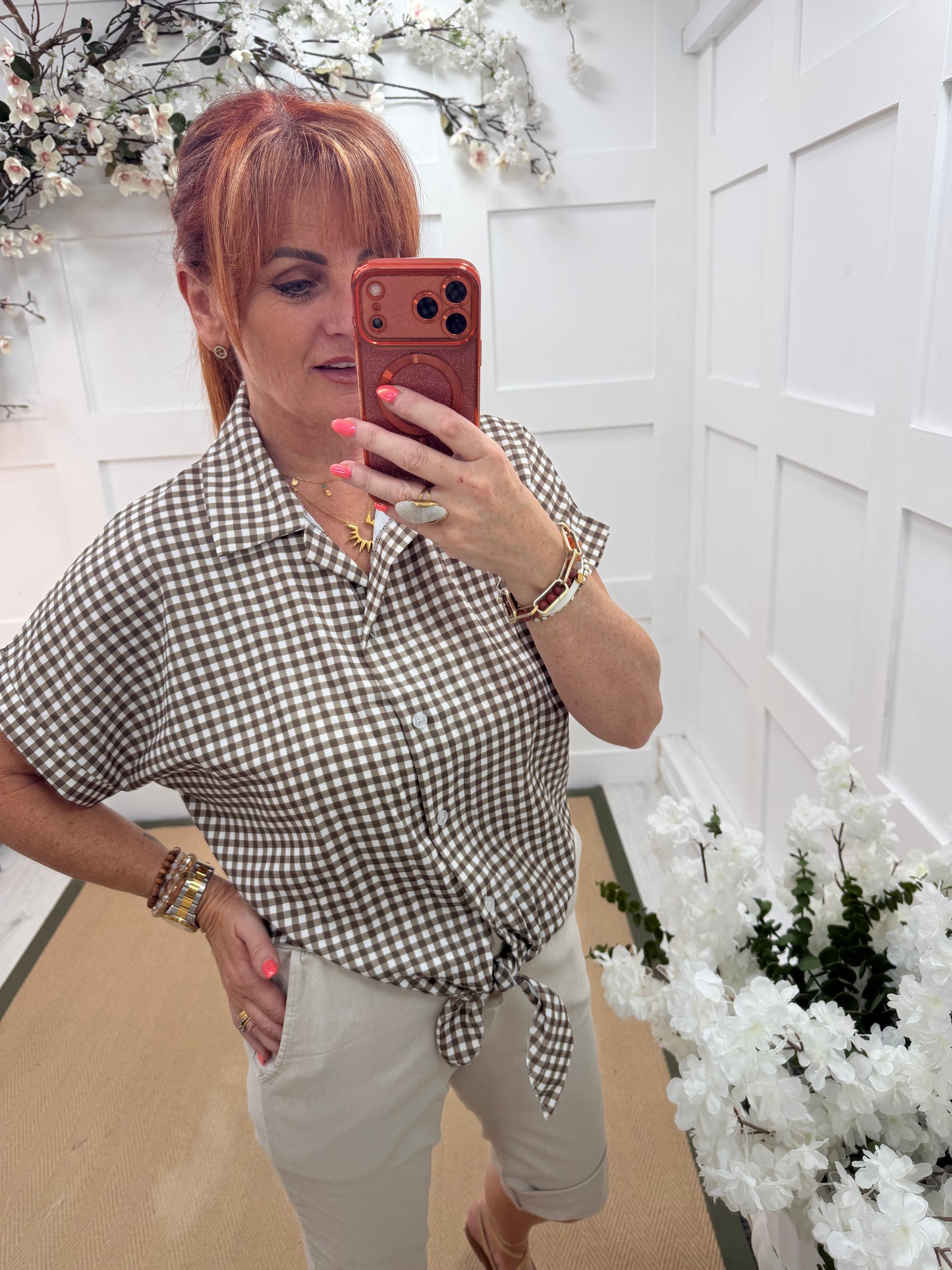 Cassie: Check tie waist shirt. One size: 10-14. 4 colours