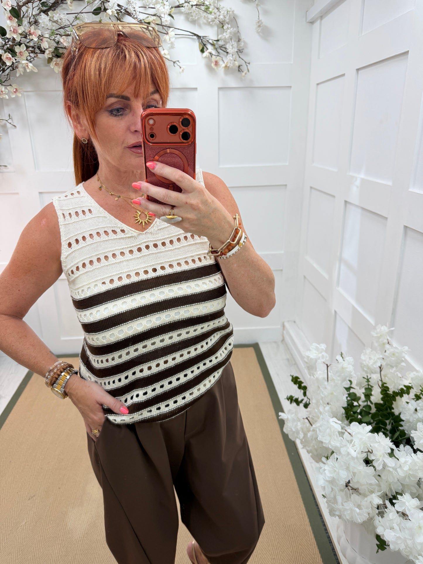 Harlow: Sleeveless stripe holey top. One Sz: 10-16. 4 colours