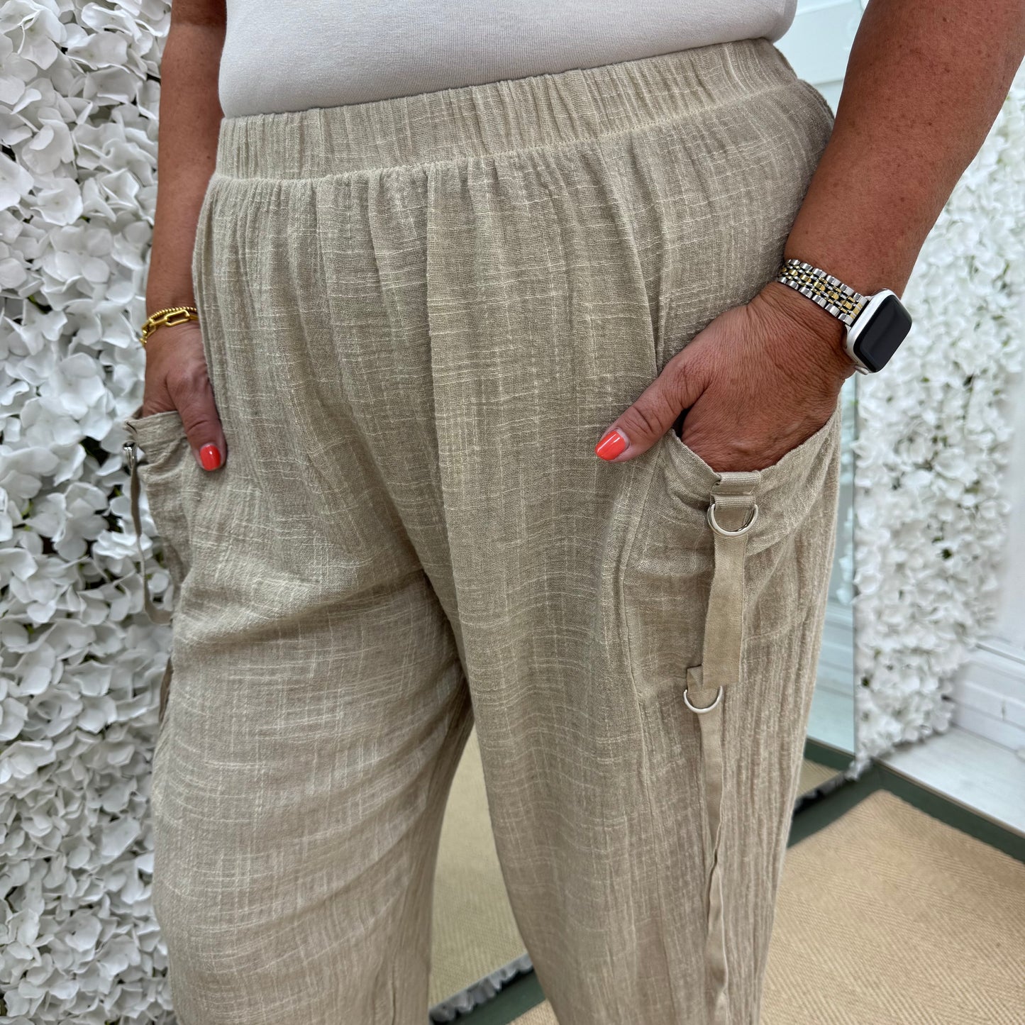 Skylar: Stone Made in Italy cotton trousers. Sizes: 16-20