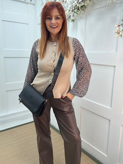 Lyla: Beige with leopard print & lurex sleeve . One size 12-16