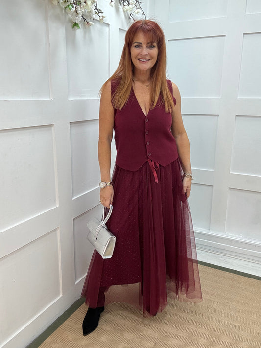 Linzi: Red diamanté tulle net skirt. One size 12-18