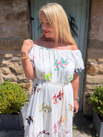 Minnie: Multicoloured embroidered floral bardot maxi dress. One size: 12-16