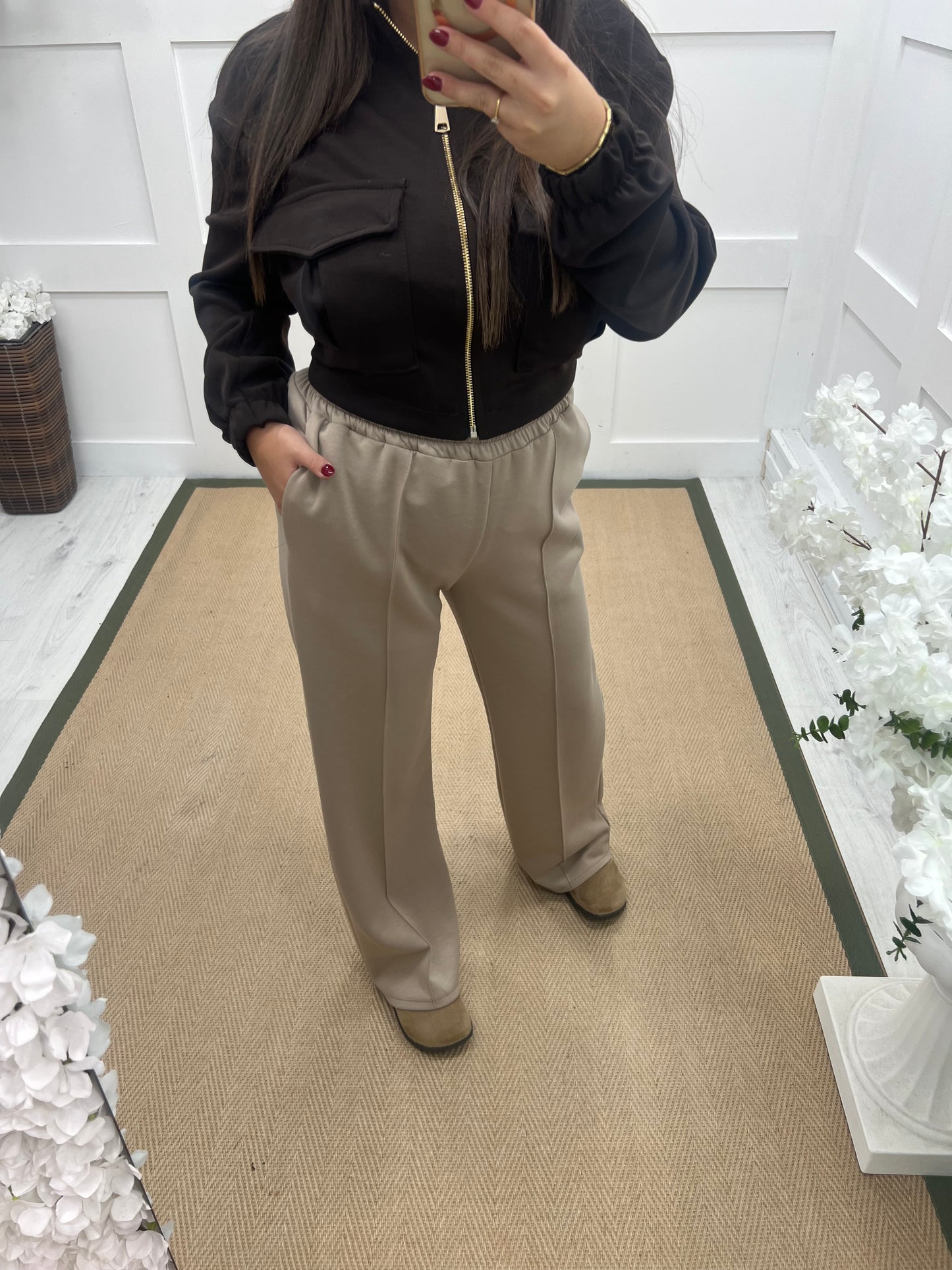 Trudy (Short): Mocha stretchy wide leg pocket trousers. One size 10-16