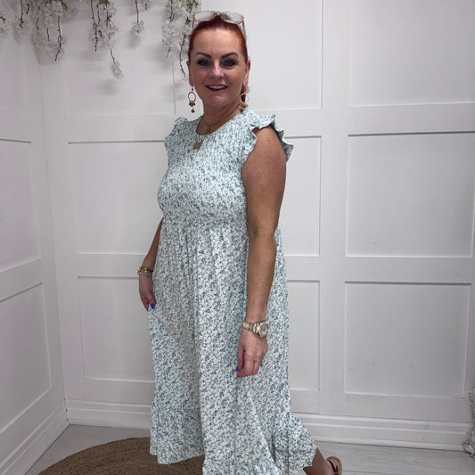 Lexi: Ditsy mint green floral midi dress. One size 8-16/18