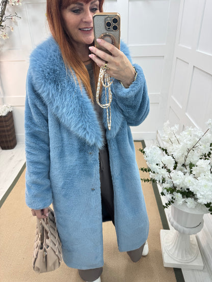 Madeleine: Blue long faux fur coat . One size 12-18