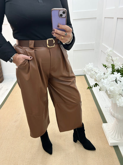 Allegra: Tan 3/4 faux leather belted trousers. One size: 14-18