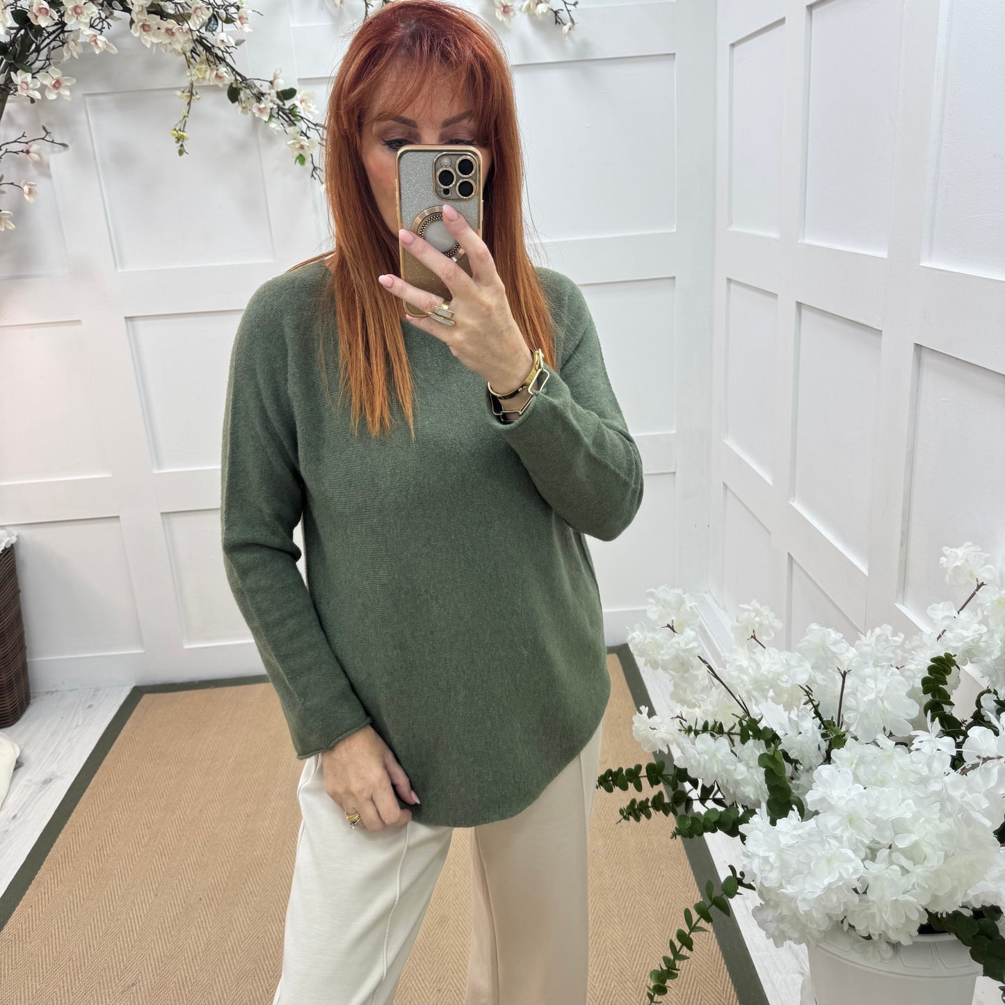 Mindy: Khaki plain long sleeve knit top. One size: 10-16/18