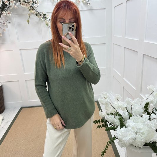 Mindy: Khaki plain long sleeve knit top. One size: 10-16/18