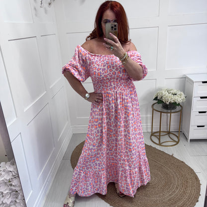 Cici: Lilac & orange leopard print stretchy maxi dress. One size: 10-22