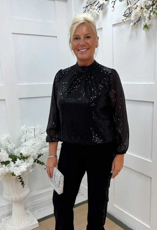 Mia: Black high neck sequin top. One size: 10-16