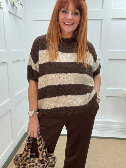 Mabel: Brown & cream slouchy jumper. One size 12-18/20