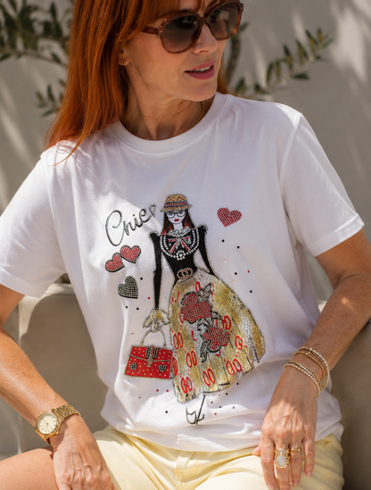 Camille: Graphic girl diamanté T shirt. One size: 10-14