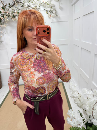 Mandie: Mandala print sheer mesh top. 10-18
