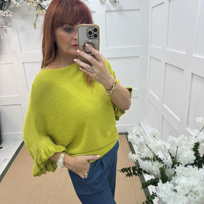 Sierra: Lime batwing fluted sleeve knitted top. One Size 12-18/20