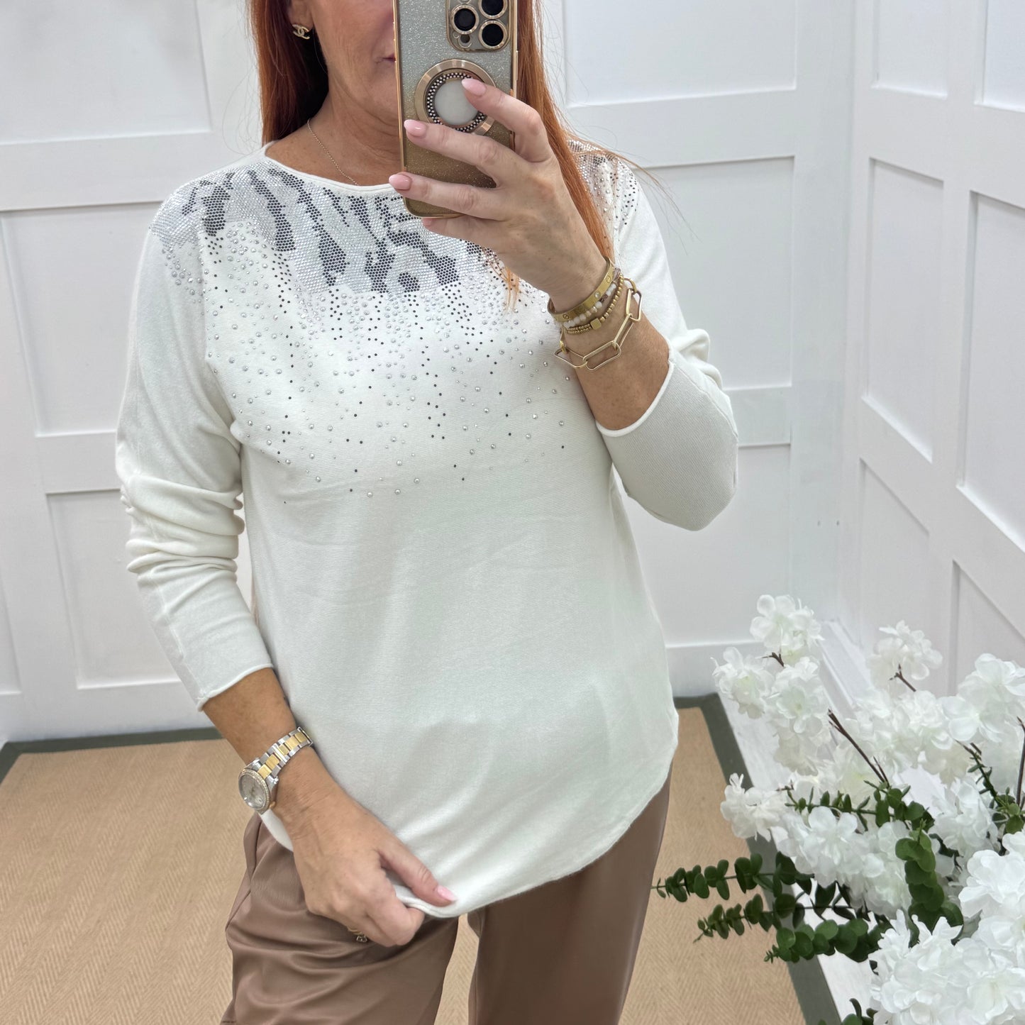 Coco: White & diamanté long sleeve knit top. One size: 10-16/18