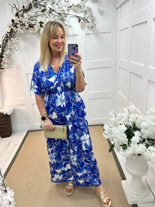 Harriet: Stretchy blue floral maxi dress. One size 12-20