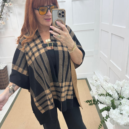 Karla: Brown check wool  cape. Free size