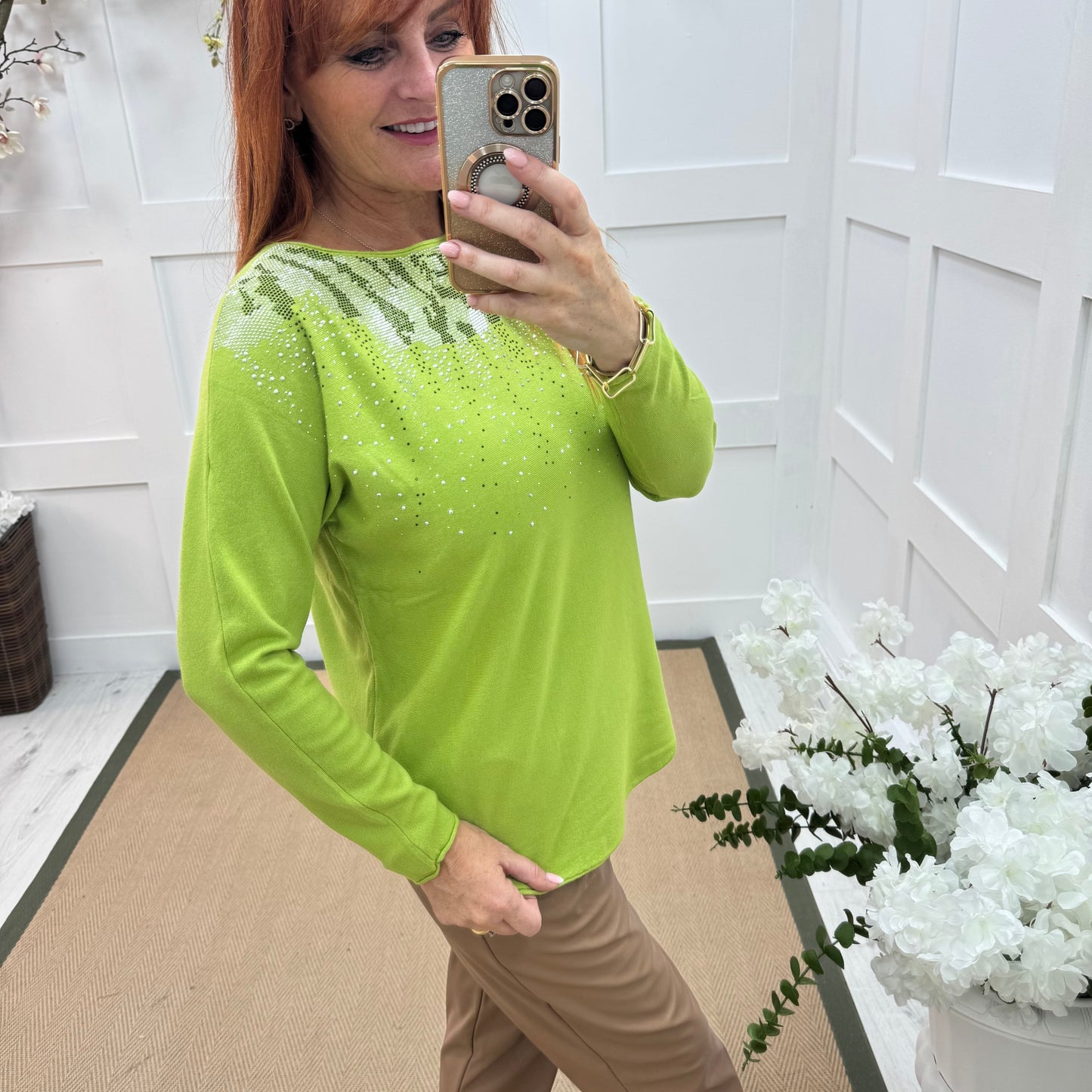 Coco: Lime & diamanté long sleeve knit top. One size: 10-16/18