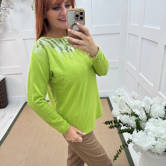 Coco: Lime & diamanté long sleeve knit top. One size: 10-16/18