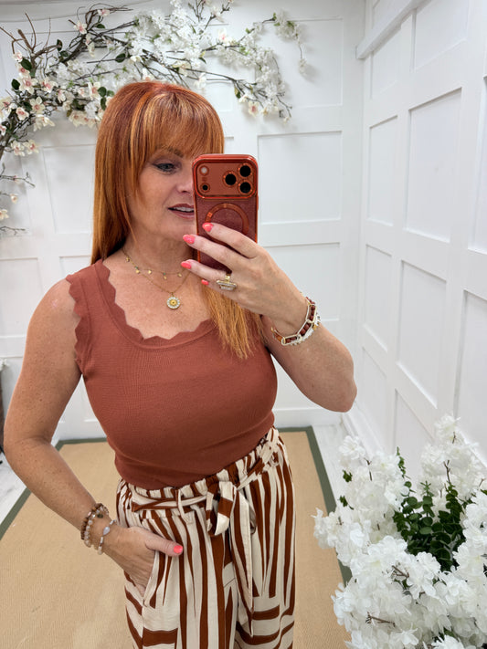 Sadie: Stretchy scalloped neck vest. One size: 8-16. 4 colours