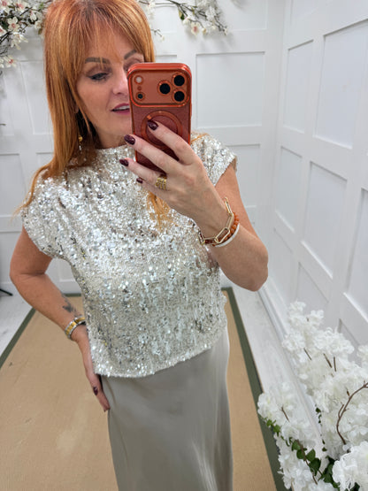 Sabrina: Sequin cap sleeve top. One Size: 10-14. 3 colours