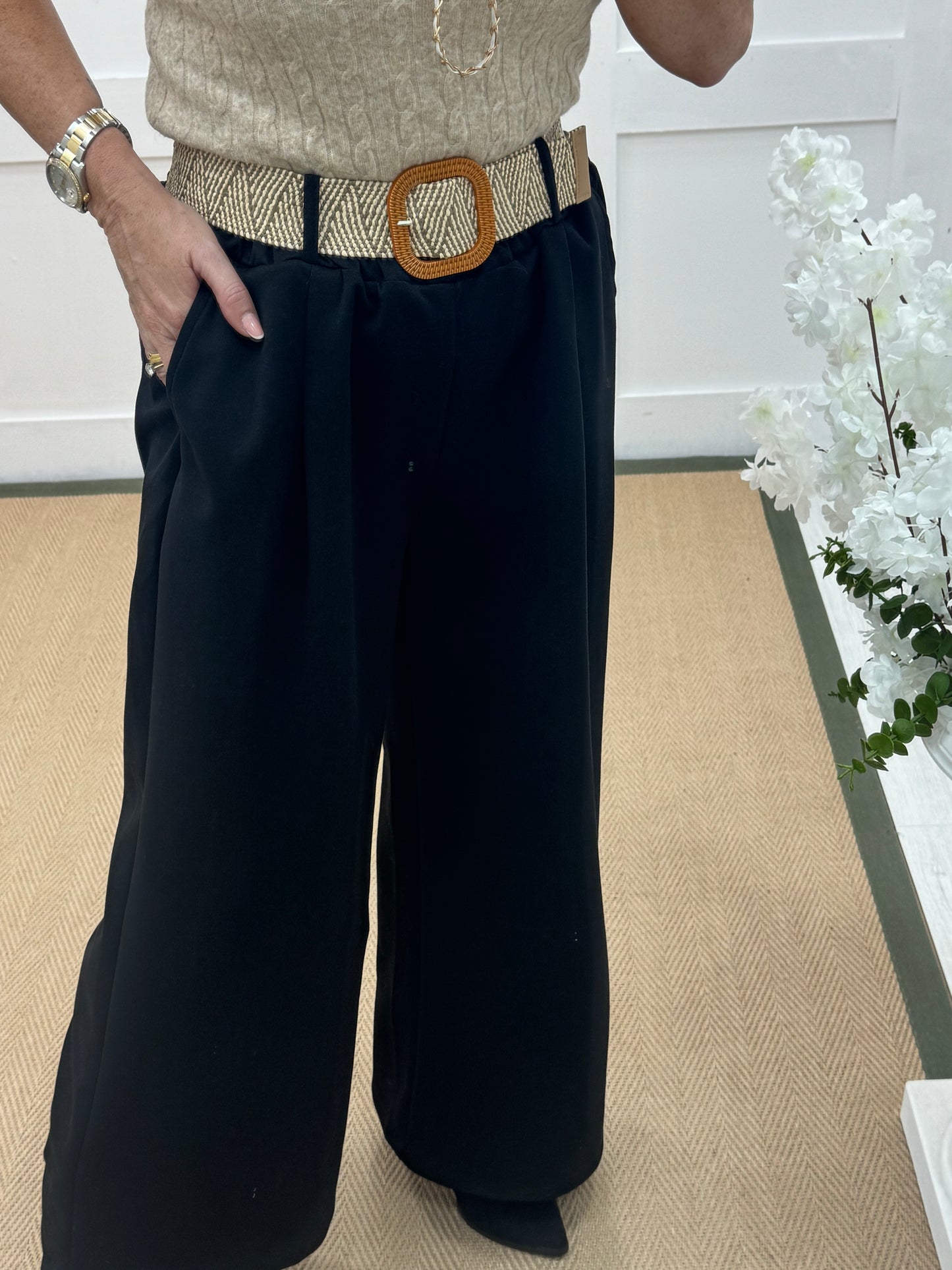 Ellis: Black stretchy wide leg belted trousers One Size: 14-20