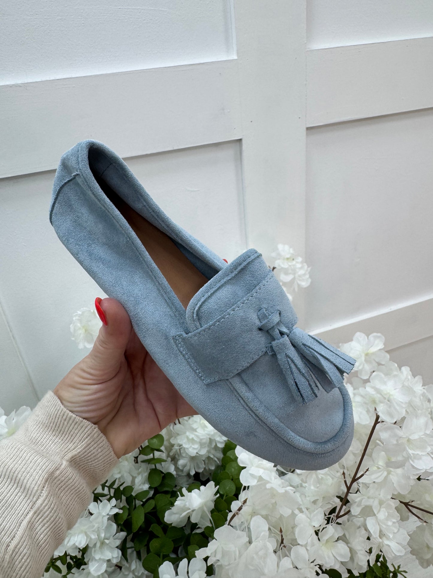 Lula: Powder blue suedette loafer. Sizes: 3-8
