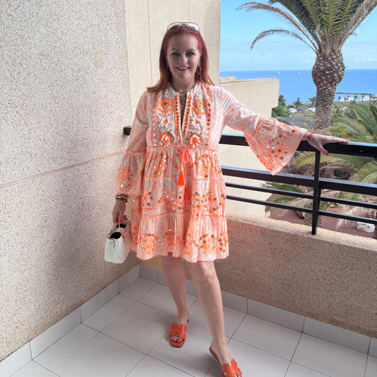 Skylar: Neon orange short embroidered sequin dress. One size: 12-18